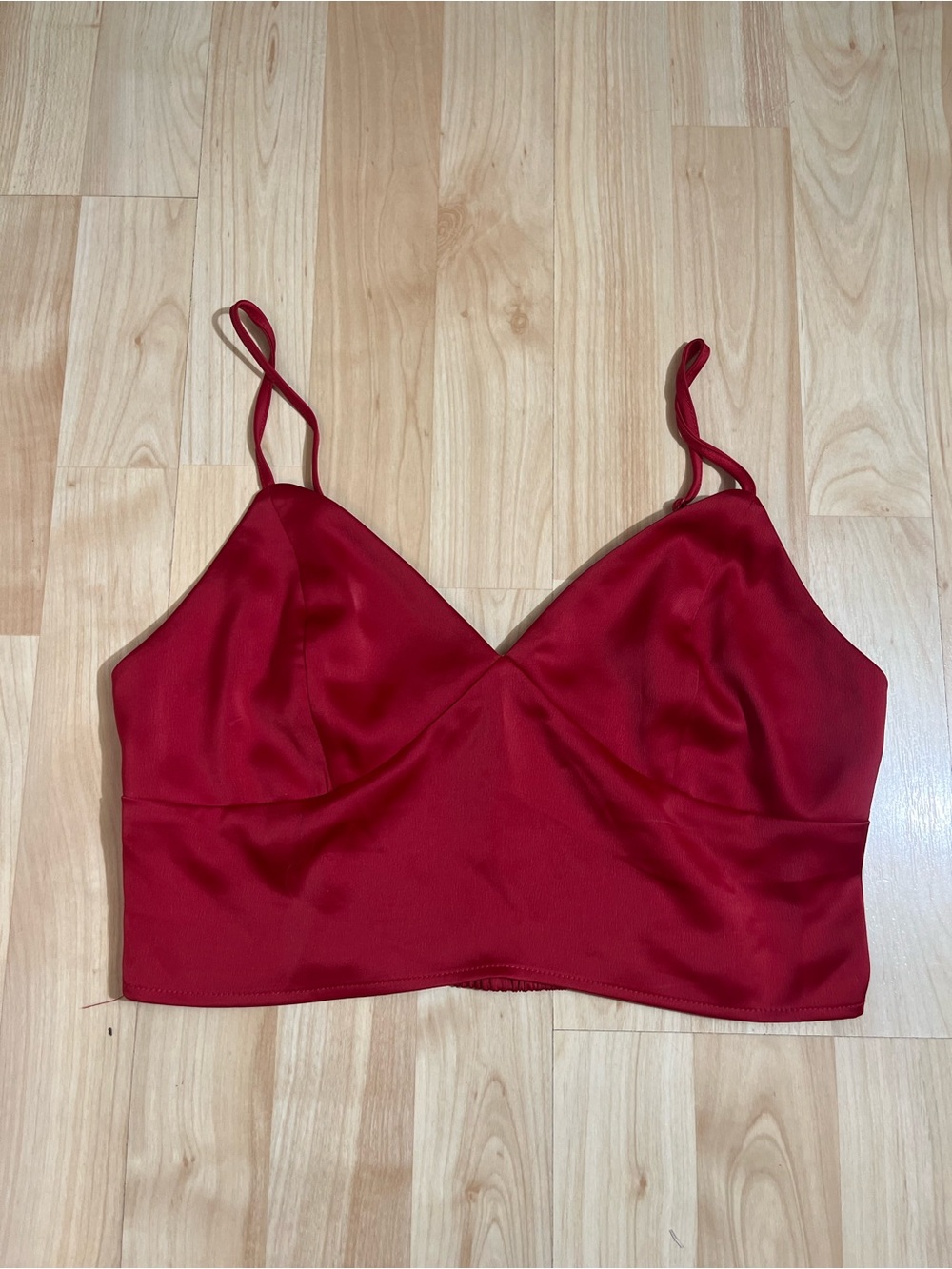 Garage Women's Red Satin Bralette Top featuring a V-neck, spaghetti straps Med